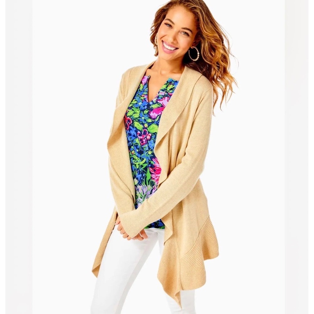 H15 Lilly Pulitzer Abelle Cardigan Gold Metallic Draped Waterfall Open Front XL - Picture 7 of 7